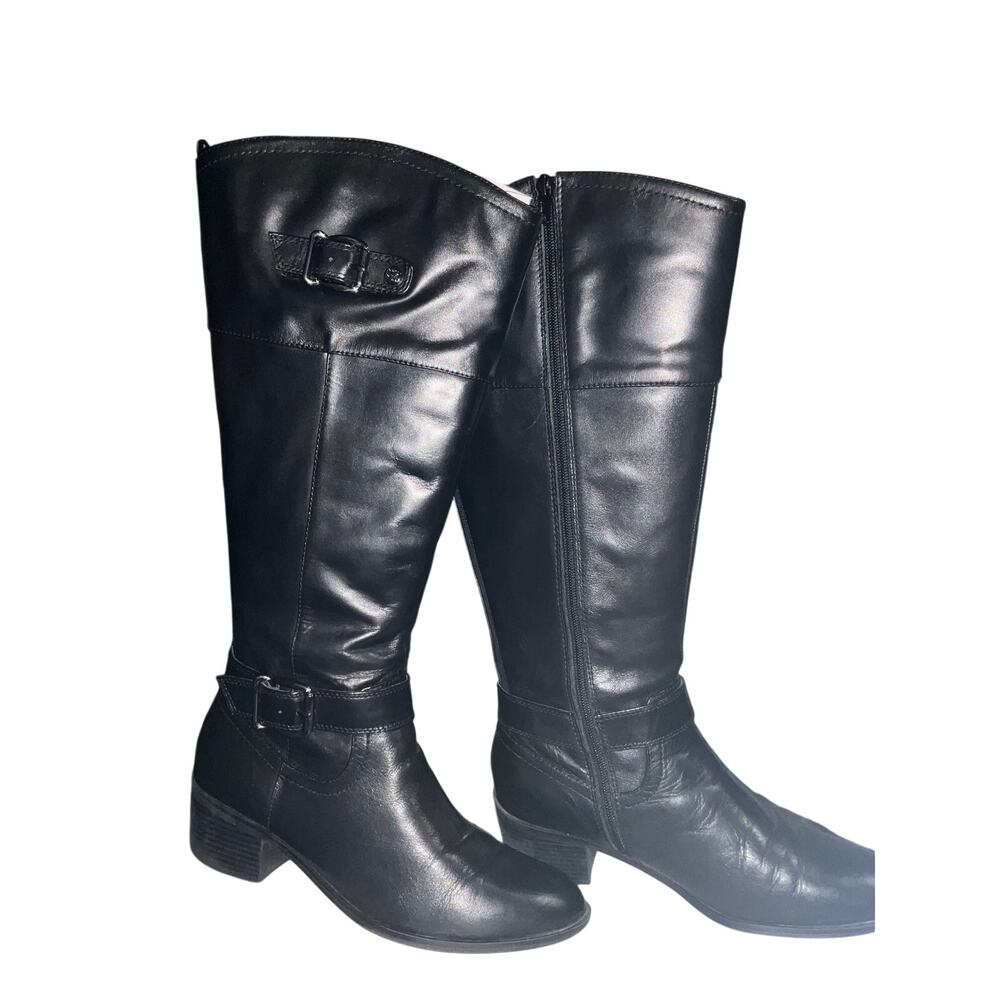 Bandolino Equestrian Wide Calf Leather Riding Boots Black Buckle EUC 8.5M